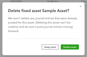 Image showing the warning when deleting a fixed asset.